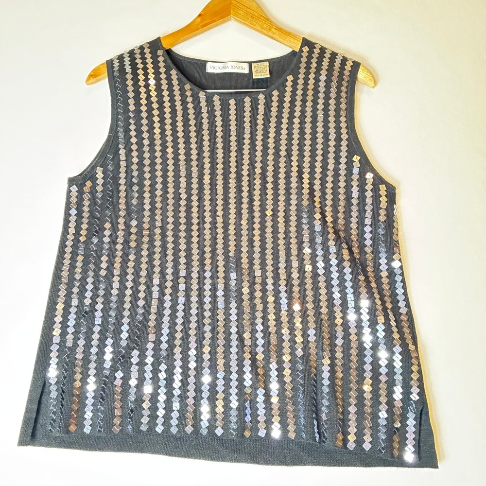 Victoria Jones Sweater Vest Women L Black Sequin Pattern Knit Sleeveless Top